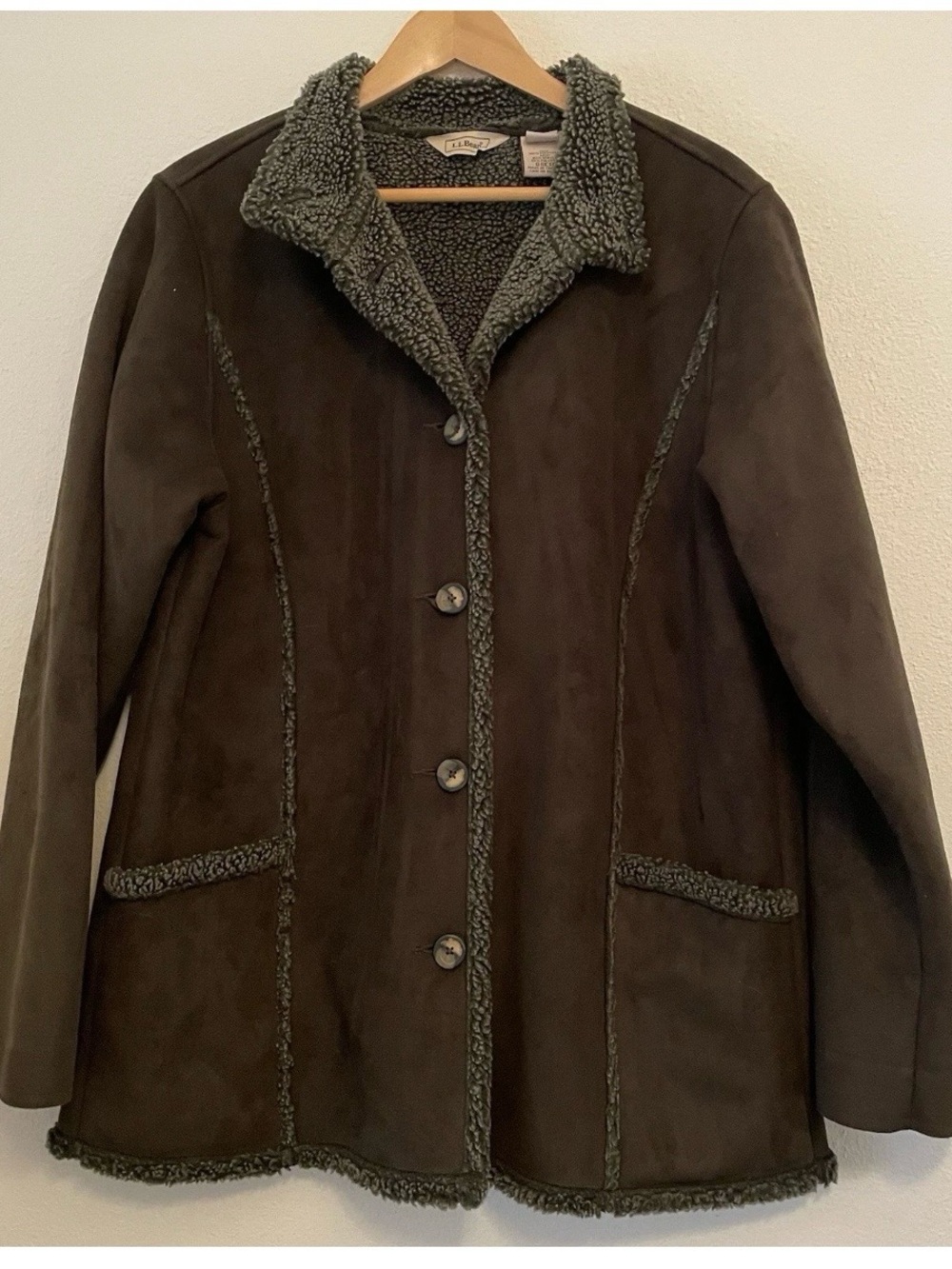 Vintage LL Bean Faux Suede Sherpa Lined Jacket Women’s L Olive Green